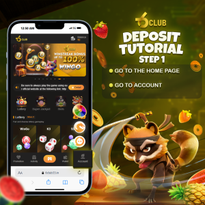 6 Club deposit tutorial, step 1, showing the homepage on a smartphone with instructions to navigate to the account section, featuring a playful raccoon mascot and vibrant background.